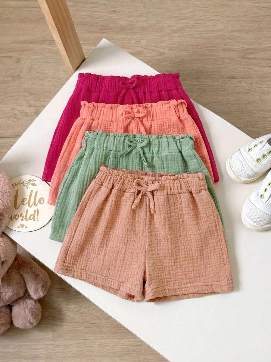 Girls' Loose Casual Shorts, Summer Colorful Multiple Pack, Comfortable Breathable Fabric, Elastic Waist, Suitable For Beach, Entertainment, Sports And Various Occasions - Coral Orange - View 1