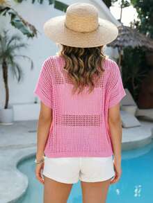 Solid Color Hollow Out Vacation Round Neck Sheer Short Sleeve Knit Top Pink Summer - Pink - View 3