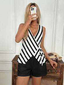 Conjunto elegante de resort casual para mujer con camisa tipo chaleco con lazo cruzado y dobladillo asimétrico, y shorts de frente abierto de algodón - Multicolor 4 - Ver 3