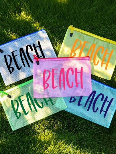 Multi-Color Waterproof Fashion Mesh Fabric Beach Bag, Make Up Bag With Color "Beach"Printing, Beach Theme. Wet Or Dry Pouch , Large Capacity Transparent Cosmetic Bags, Toiletry Packet With Nylon Zipper - Lightweight, Storing Sunscreen, Snacks, Bikinis, And Beach Essentials.