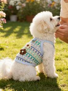 1件小型犬背带背心，轻便透气，高弹镂空针织面料，彩色拼接肩带，3D手工花朵装饰设计，带牵引绳扣，柔软舒适，易于穿脱，适合春夏日常穿着/生日/节日派对，狗狗服装。 - 彩色 - 查看 12