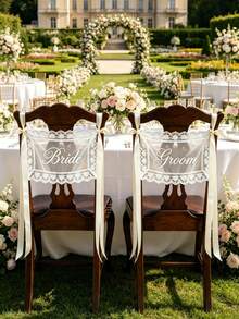 1Set Bride & Groom/Newly Wedded Wedding Chair Signs - Elegant Lace Chair Back Decor With White Satin Ribbons, Romantic Outdoor Ceremony Reception Chair Sash, Rustic Garden Spring/Summer Wedding Decor, Newlywed Table, Wedding Party Decorations - 多色 - 查看 4
