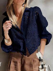 Camisa de mujer de un solo pecho bordada, para uso casual y diario, ideal para vacaciones de verano - azul real - Ver 1
