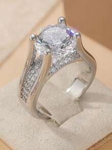 Anillo de mujer elegante y lujoso con circonita cúbica brillante, joyería de boda y compromiso, accesorio perfecto para uso diario y festivo, regalo exquisito para ella - Plateado - Ver 9
