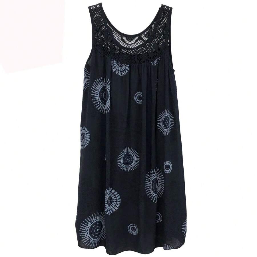 Ropa de mujer, vestido camisola sin mangas de verano con estampado de encaje sin mangas, vestido sexy holgado con vuelo grande, falda larga de talla grande - Negro - Ver 1