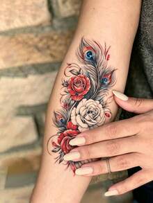 2 Sheets Big Size Body Art Temporary Tattoo Stickers For Women, Red White Rose Peacock Feather Flowers Mixed Pattern, Waterproof Fake Tattoo, Lasts 2-5 Days, Covering Scars,Can Be Used On Arms Wrist Shoulders Legs Waist Neck Hand Chest Thighs Finger Ankle, Suitable For Parties, Gifts, Vacations, Body Decoration - Multicolor - View 4