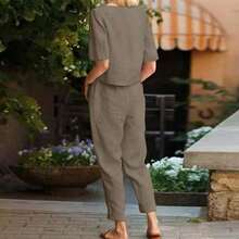 Conjunto casual de 2 piezas de unicolor para mujer, blusa de manga corta y pantalón largo de unicolor, uso diario elegante para el verano - Marrón - Ver 2