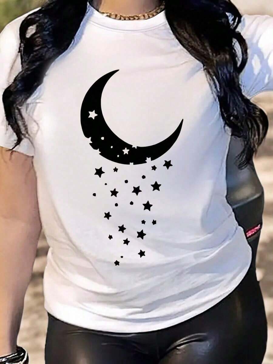 Camiseta de manga corta con cuello redondo para mujer, con estampados de luna, estrellas y gotas de lluvia, suave y con caída fluida, adecuada para uso diario, oficina, escuela, vacaciones, camping, de estilo versátil, que hace que tu verano sea más vibrante y colorido. - Blanco - Ver 1