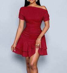 Women's One Shoulder Ruffle Dress Slim Fit Solid Color Elegant Stylish Summer Bodycon Midi Dress - Peacock Blue - View 5