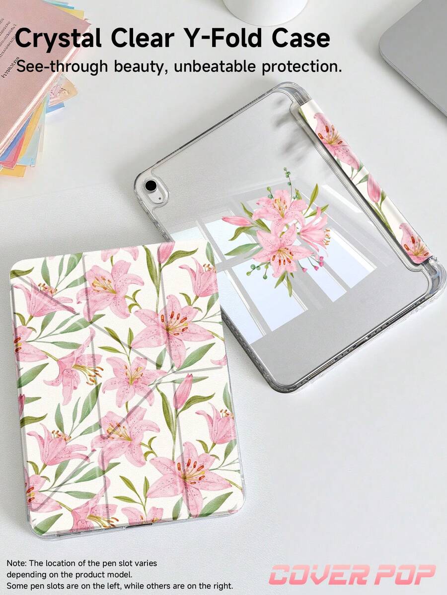 粉色百合花图案平板电脑保护套，兼容 iPad Air 8 (M4) 2026 (11 英寸)/2026 (13 英寸)、9.7/10.2/10.5/10.9/12.9 英寸/Pro 11/A16、第十代、Galaxy Tab S6 Lite 10.4 英寸、Kindle Paperwhite 第十二代 2024、Kindle（第十一代至 2024 版），柔软防震，支持智能睡眠/唤醒，Y 型折叠多角度保护套