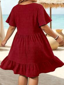 Vestido de Verano para Mujer, Talla Grande, Elegante, Cuello Redondo, Tejido con Parches, Holgado, Manga Corta - Azul - Ver 4