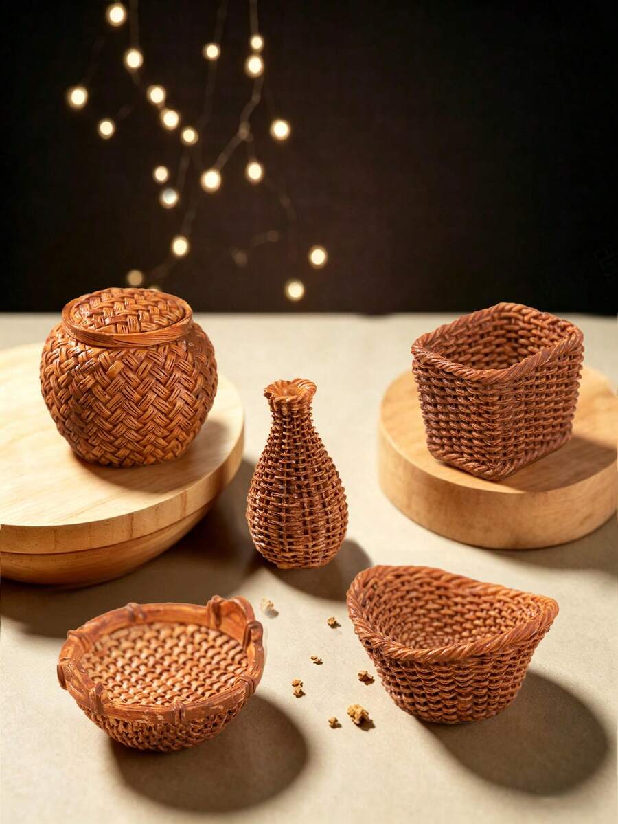 10pcs Mini Woven Rattan Baskets, Miniature Woven Baskets Miniature Landscape Decoration, Mixed Shapes And Sizes, Suitable For DIY Decoration Accessories, Mini Photography Landscape Storage Frame Small Ornaments, Party Decorations, Outdoor Miniature Statue Decoration - Miniature Model - View 1