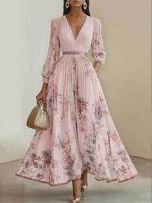 European And American Autumn And Winter New Women's Clothing Printed V-Neck Long-Sleeved Fashion Pleated Dress Long Dress Women - 22 - 查看 1