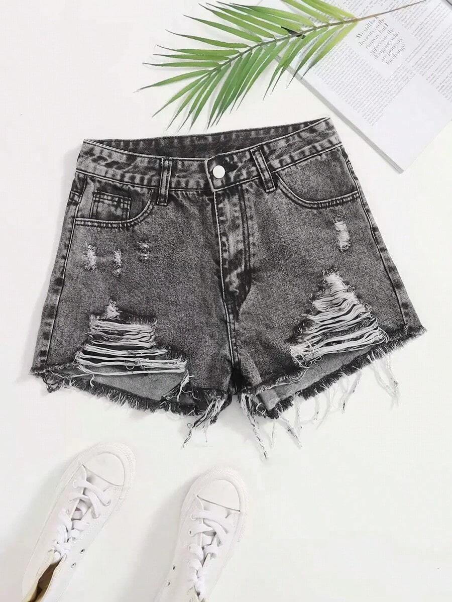 Women's Casual Floral Print Distressed Frayed Hem Denim Shorts, Summer - Gris Oscuro - Ver 1