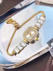 5pcs Fashionable & Elegant Pearl Bracelet Watch Set, Luxury Fully Rhinestone Quartz Watch With Diamond Jewelry Bracelet Combo, Suitable For Festivals, Parties, Weddings, Daily Wear, Best Gift For Women - Gold - View 6