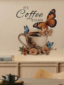 1pc PVC Waterproof Sticker, Floral Coffee Cup Wall Decal, Butterfly & English Letter Decorative Sticker, Watercolor Flower Kitchen Cabinet Window Wall Sticker - one-size - View 5