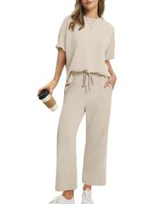 Women's Two Piece Set Round Neck Top And Cropped Wide Leg Pants Oversized Casual Summer Outfit - Black - View 3