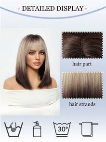 14-Inch Gradient Gray-Brown Short Bob Wig With Bangs, Natural Straight Synthetic Heat-Resistant Fiber, Suitable For Women Daily And Party Wear - Two-Tone - View 8