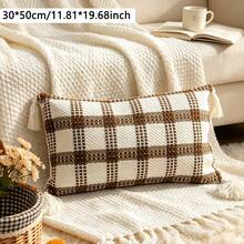 1pc Brown & White Plaid Minimalist Stylish Throw Pillow Cover (Pillow Insert Not Included), Embroidered Tasseled Corners, Nordic Style, Zipper Closure, Machine Washable Square Cushion Cover, Suitable For Home, Office, Sofa, Car, Bedroom, Garden, All Seasons - Multicolor - View 4
