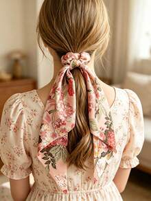 3pcs Foulard triangulaire léger à motifs floraux & couleur unie Accessoires pour cheveux, Style bohème rétro décontracté de palais Fête Mode de rue mignonne, Fabriqué en polyester, Convient pour toutes les saisons Élastiques pour cheveux Chouchou - Rose pâle - Voir 3