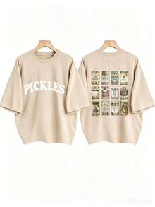 [Olive Green Sweatshirt] Soft Olive Green Crewneck Sweatshirt |     PICKLES Letter Print & Pickle Jar Graphic - Mid-Stretch Fabric, Machine Washable - 杏色2 - 查看 14