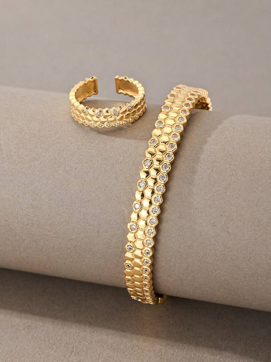 Vòng tay vàng, chất liệu hợp kim đồng đa năng đính đá Zirconia, phù hợp để đeo hàng ngày, dự tiệc và hẹn hò, tôn lên vẻ thanh lịch. - Vàng - Xem 1