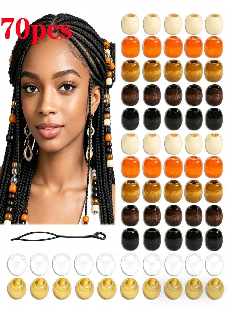 70pcs Brown & Orange Wood Beads For Braids, Dreadlock Accessories With Threader Tool,Clips For Hair,Claw Clips - Multicolor - View 1