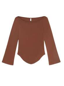 Women Summer Bell 3/4 Sleeve Crop Top Boat Neck Solid Color Slim Fit Basic T Shirts Y2K Party Top For Spring Fall - Dark Brown - View 5