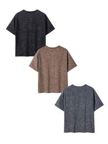 3pcs Regular Short Sleeve T-Shirts, INS Style Solid Color Acid Wash Vintage Street, Deep Gray Heavy Wash Comfortable Versatile Tops Casual Summer - Dark Grey - View 5