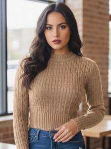 Women's Cropped Textured Knit Long Sleeve Ribbed Knit Top - Autumn/Winter Fashion - Caqui - Ver 3
