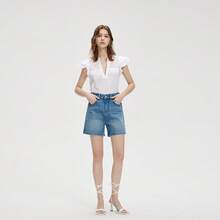 Women's Textured Denim Shorts Straight Fit Stylish Mid Waist Casual Summer Lightweight Shorts - Blue - View 1