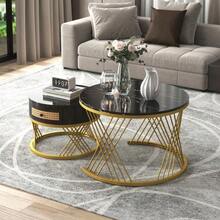 2-In-1 Round MDF Coffee Table, Side Table With Marble Top And Synthetic Rattan Drawers, Solid Wood Handles. Gold Iron Legs. 70 X 70 X 45.5 + 50 X 50 X 38.5 Cm - Black - View 2