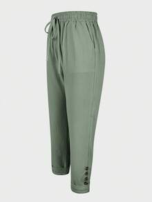 Drawstring Waist Slant Pocket Button Decor Casual Tapered Pants, Work To Weekend - Matcha Green - View 3
