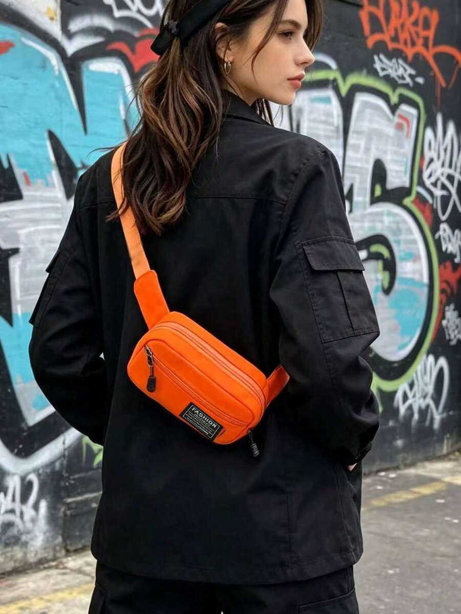 Solid Color Canvas Fashionable Mini Canvas Solid Color Versatile Casual Travel Chest Bag/Phone Pouch/Coin Purse For Women - Orange - View 1