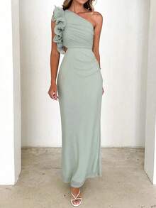 Women's Elegant Green Maxi One-Shoulder Dress With Ruffle Trim, Suitable For Weddings, Galas, Cocktail Parties, Sexy - Mint Green - View 7