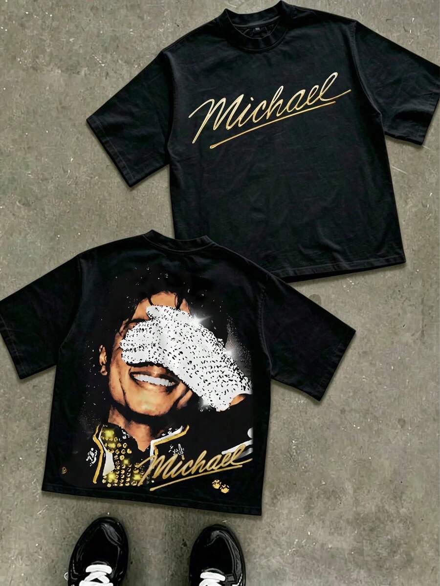 Men's Jackson: American Retro Short-Sleeve Tee Featuring Rhinestone-Embellished Portrait Graphic _ Vintage Music Tee,Classic Men's Jackson King Of Pops-Shirt,Men Fashion Rock-Shirt,Punk Pullover-Shirt,Value Hot% Cotton-Shirt,Suitable Fans,& Holiday Men And Women Graphic Tee,Men's Jackson Cotton Graphic Tees Graphic Shirts - 黑色 - 查看 1