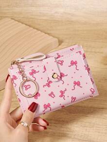 Portefeuille pliable mignon à imprimé nœud rose rouge, avec fermeture éclair tout autour et porte-clés en chaîne, fentes pour cartes multiples + poche à pièces + fenêtre d'identification, compact et unisexe pour un usage quotidien, les voyages et les achats, accessoire kawaii pour cadeau d'anniversaire - Rose vif - Voir 10