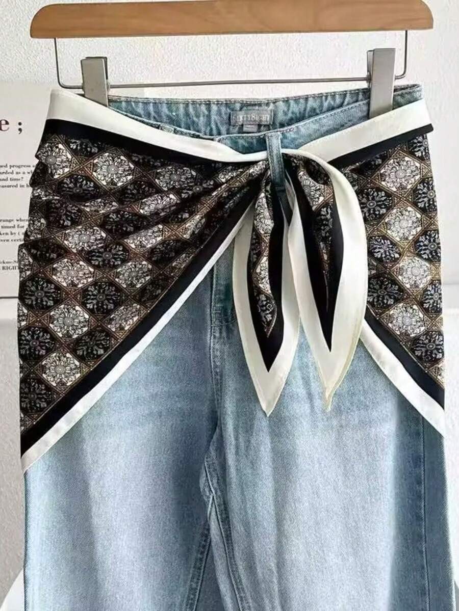 1 chiếc khăn tam giác giả lụa in họa tiết tối giản phong cách retro, khăn trùm đầu/khăn choàng cổ dành cho nữ. - Nhiều màu - Xem 1