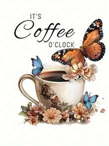 1pc PVC Waterproof Sticker, Floral Coffee Cup Wall Decal, Butterfly & English Letter Decorative Sticker, Watercolor Flower Kitchen Cabinet Window Wall Sticker - one-size - View 6
