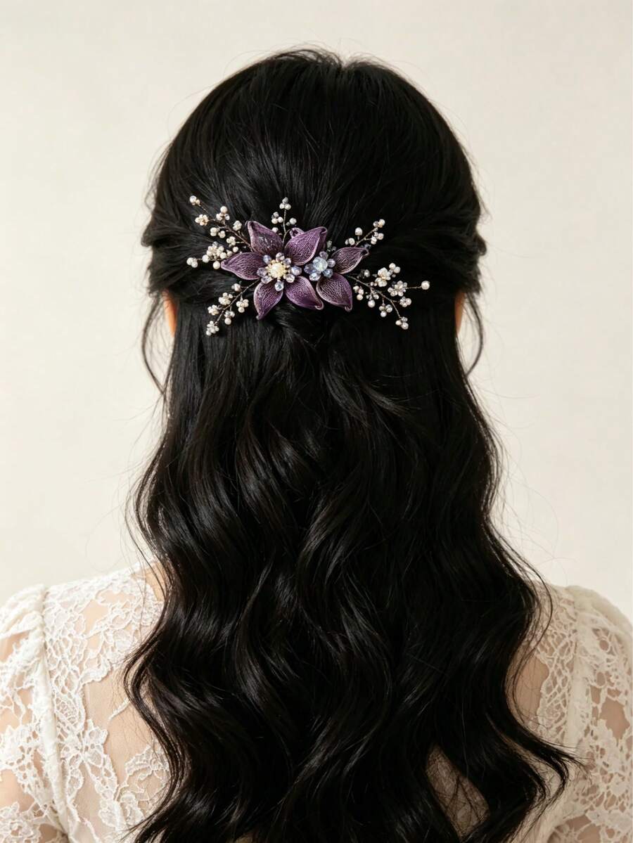 1件女士手工水晶蝴蝶渐变发夹胸针,紫色浪漫连衣裙配饰,绿色叶子发夹,自然风格,优雅,生日礼物 - 紫色 - 查看 1