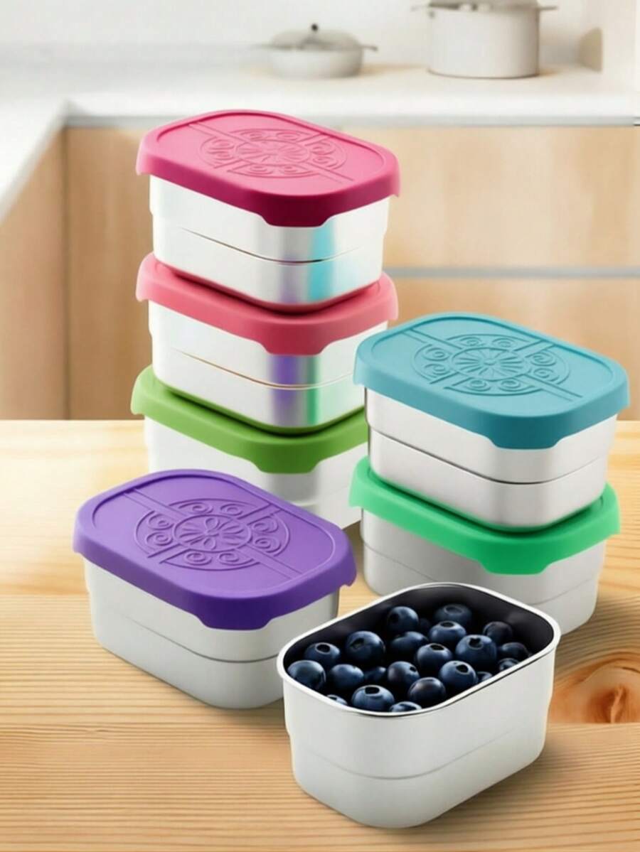 304 Stainless Steel Rectangular Sauce Bowl With Silicone Lid, Children's Snack Storage Box, Leak-Proof Salad Dressing Container