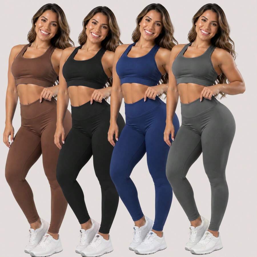 Combo Of 4 Sets Of Leggings, Gym Workout, Supplex Top And Pants A01 Plain - BLACK-gRAY-bROWN-nAVY - View 1