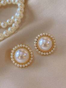5 Pairs Vintage French Elegant Geometric Circle Heart Bow Faux Pearl Earrings, Versatile For Women Daily, Festival, Party Wear - Five-piece Set C - View 3