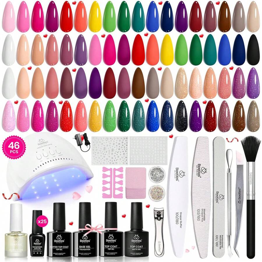 Beetles 46PCS 25Colors Gel Nail Polish Kit With UV Light, Base Glossy Matte & Glitter Top Coat Included, Red Green Brown Blue Pink Nude Gel Polish Set, Home Salon DIY Manicure Gifts For Women - 46PCS 25Colors Chic Outfits - 查看 1