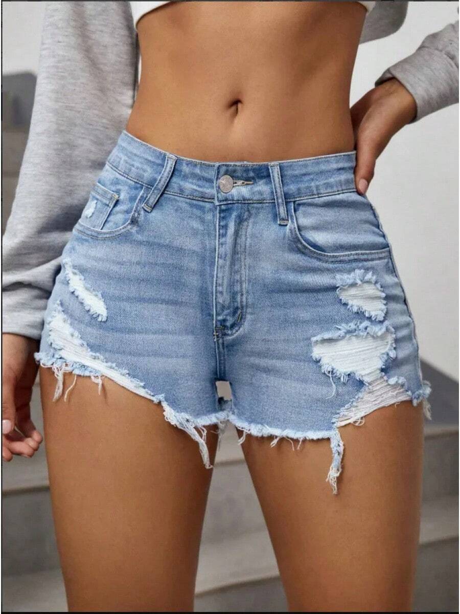 Pantalones cortos vaqueros rasgados en bruto para mujer, moda con dobladillo acampanado, pantalones cortos de verano para mujer, ropa de calle azul, ropa ajustada Sexy Retro de ocio - azul claro - Ver 1