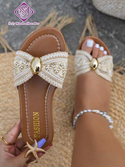 Women's Wide Width Bow Tie Metal Decor Flat Sandals, Elegant Fashion Comfortable Slip-On Casual Versatile Sandals For Outdoor, Beach, Vacation