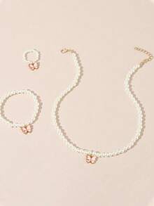 Set de 3 piezas de joyería para niñas con colgante de mariposa, collar con cuentas de perlas falsas, pulsera y anillo, adecuado para uso diario, festivales, fiestas y regalos de cumpleaños - Unitalla - Ver 8
