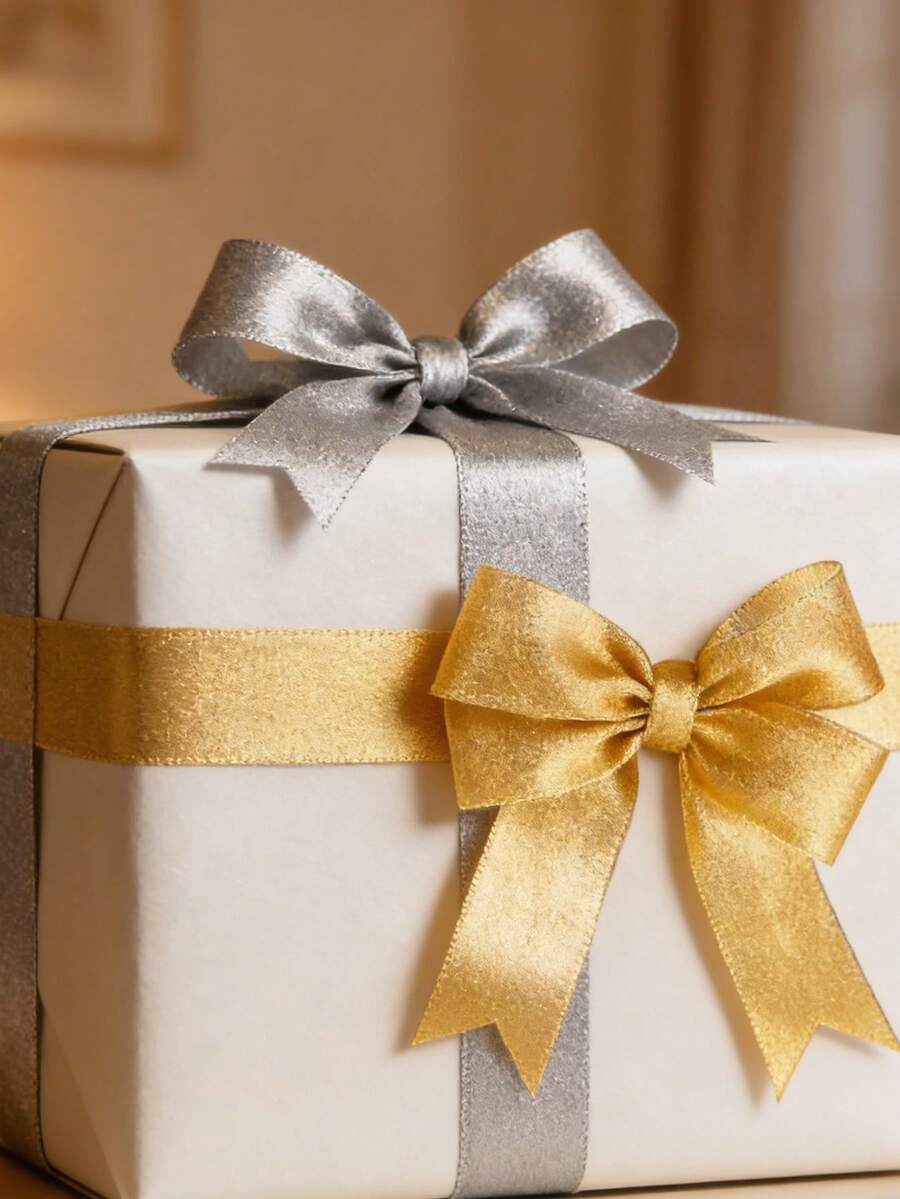Metallic Gold & Silver Shiny Ribbon, Glossy Satin Ribbon, Holiday Gift Bow / Handmade DIY Versatile Holiday Gift Packaging Decorative Ribbon - Ribbons - View 1