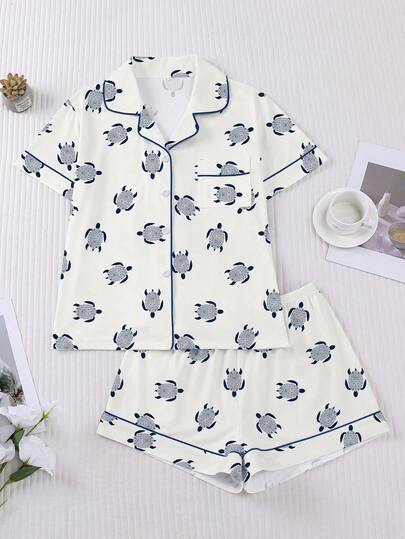 2pcs/Set Spring/Summer Women's Sleepwear Set, Featuring Cute Sea Turtle Summer Print, Romantic Gift, Comfortable Shirt Collar Short Sleeve Top And Elastic Waist Shorts, Suitable For Lounging, Parties, And Casual Outdoor Wear