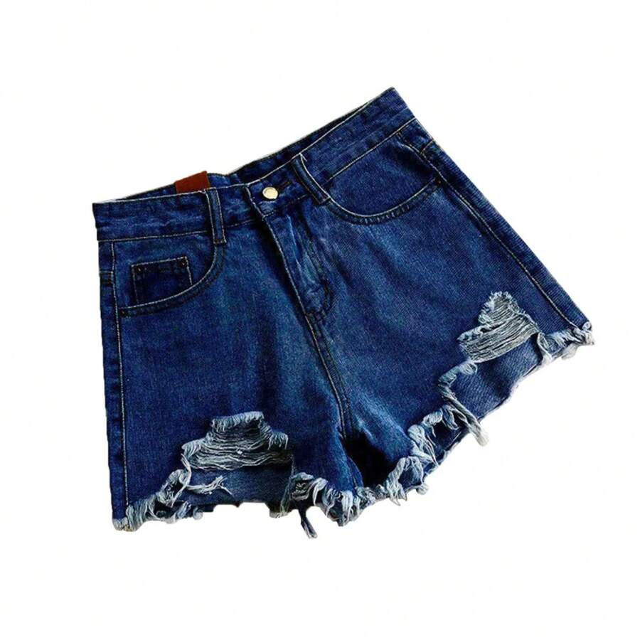 Pantalones cortos vaqueros coreanos para mujer, moda informal de verano, pantalones vaqueros rasgados de cintura alta con bolsillo y borlas Y2K, pantalones calientes, ropa de calle, pantalones azules - azul oscuro - Ver 1